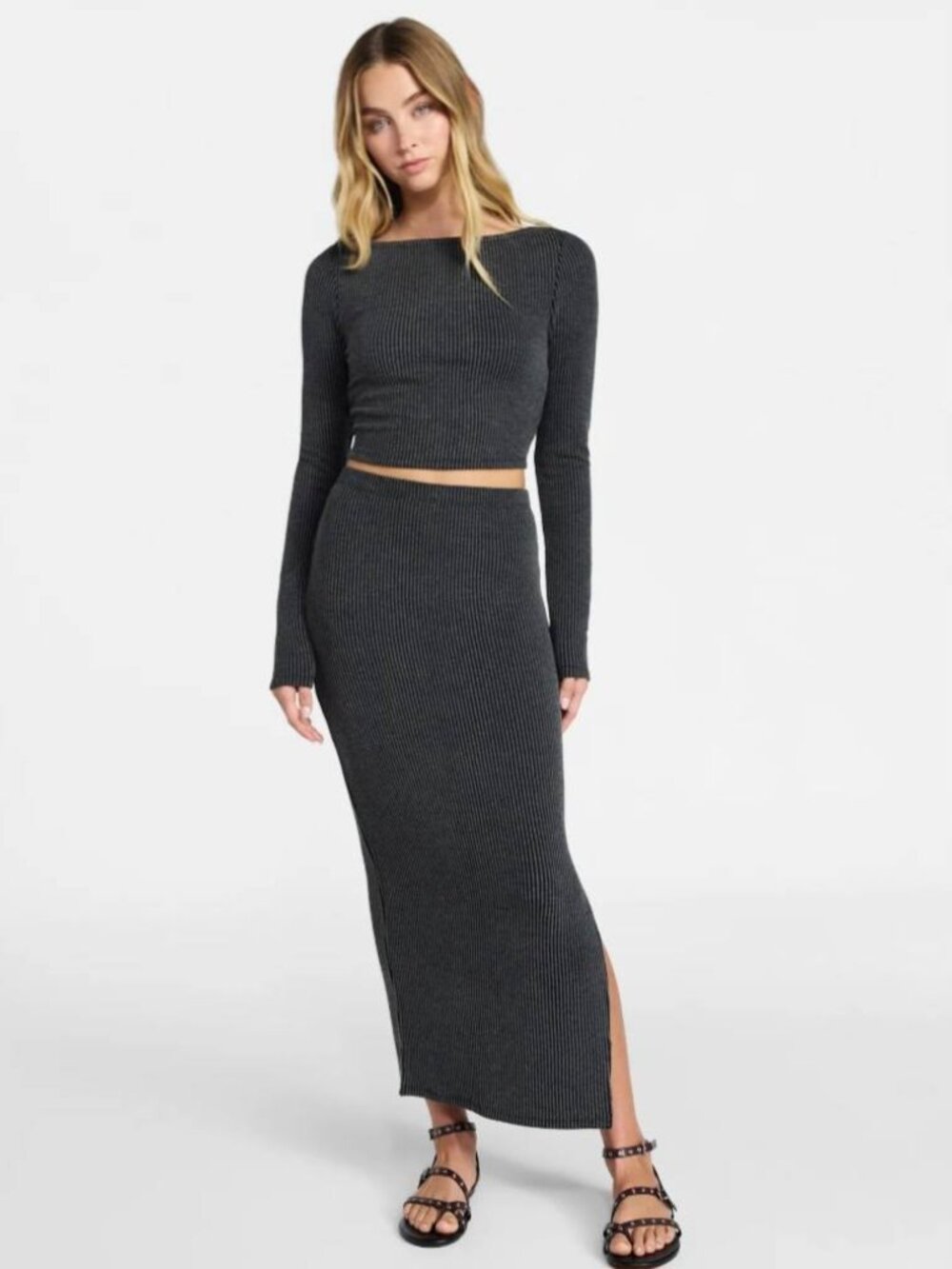 2-Piece Ribbed, Long Sleeve Boat Neck Top and Midi Skirt Set,  XL (16-18)